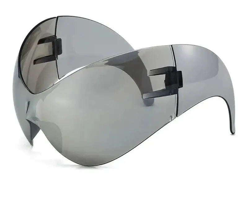 Y2K oversized wrap sunglasses with UV400 protection, perfect for festivals and raves with a bold, retro-futuristic style.