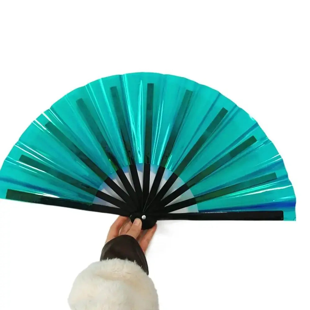 Vibrant gradient laser kung fu hand fan with sturdy PVC and bamboo handle, ideal for dance and disco events.