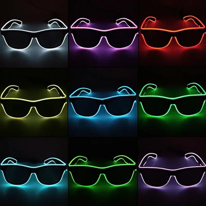 Nine pairs of colorful LED rave bar glasses with neon lights in various colors, perfect for parties and celebrations.