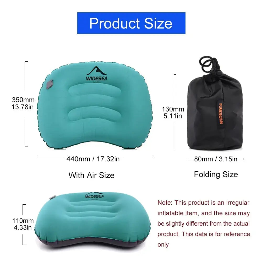 Widesea inflatable camping pillow dimensions, showing air size and folding size, with compact storage bag for outdoor comfort.