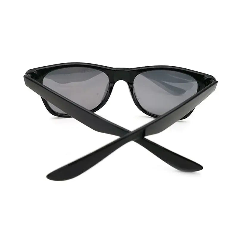 Diffraction sunglasses with polarized lenses, black wrap-style frame, ideal for rave events and light shows, rear view display.