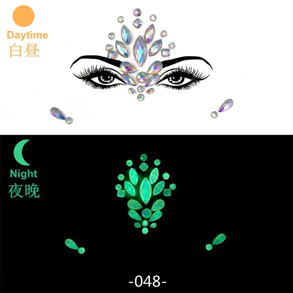 "3D Glowing Rhinestone Face Stickers in daylight and UV light, dazzling festival makeup accessory"