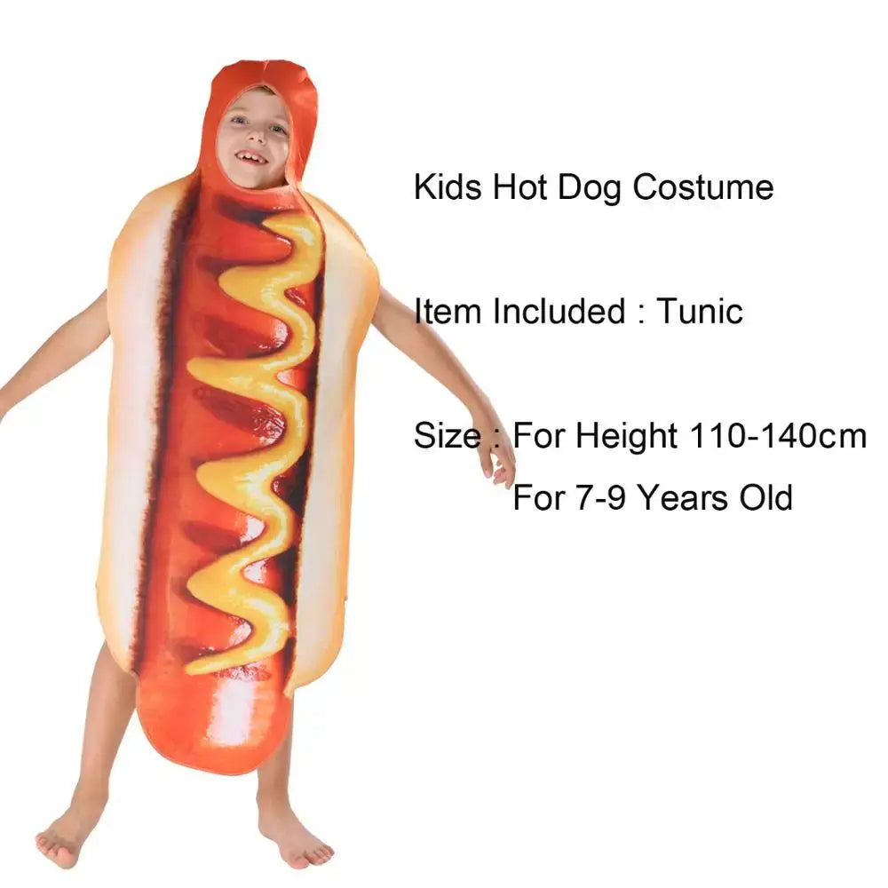 Child wearing a funny hot dog costume with 3D sausage print, suitable for ages 7-9 and height 110-140cm, includes tunic.