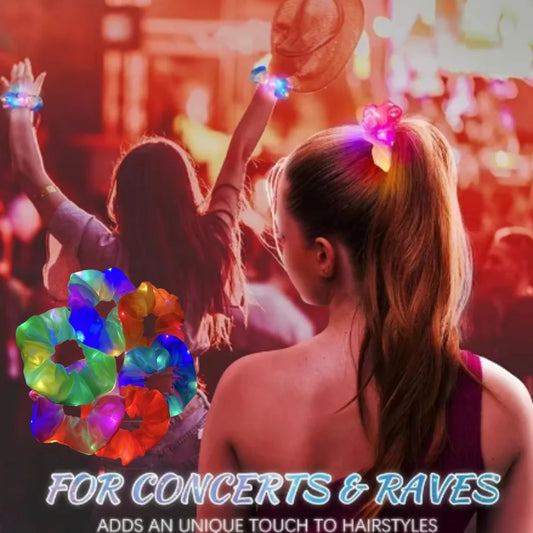 Woman wearing LED glow scrunchie at a concert with colorful light-up hair ties for raves and parties.