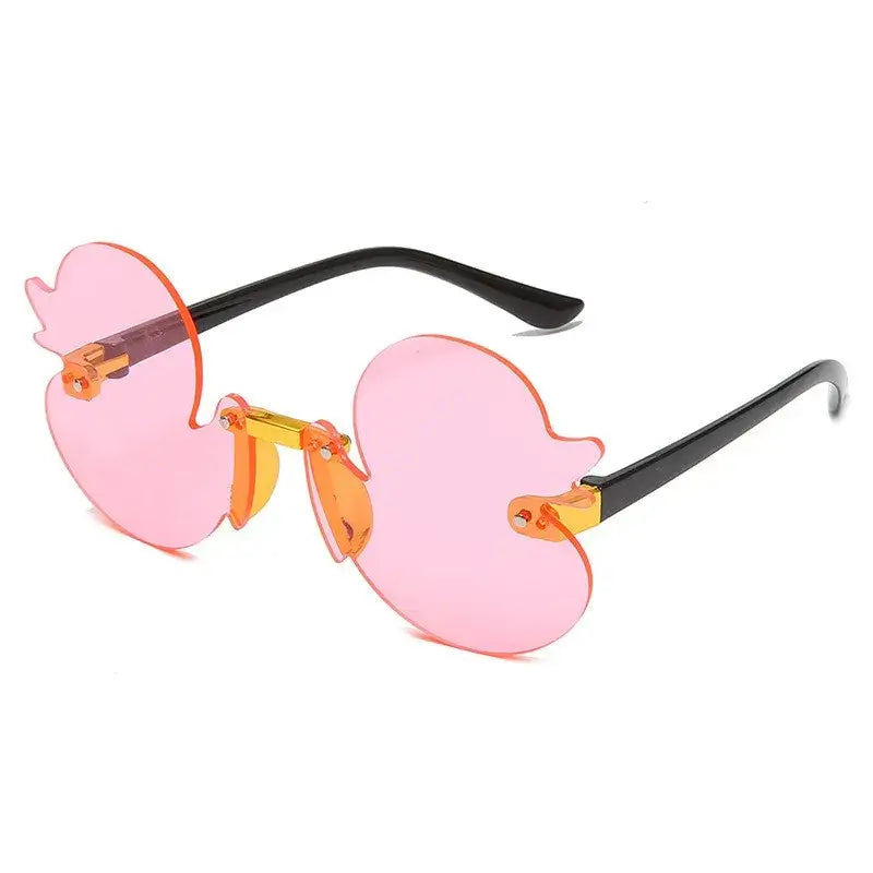 Cartoon duck-shaped rimless sunglasses with UV400 lenses, perfect for fun festival and rave parties. Durable and lightweight design.