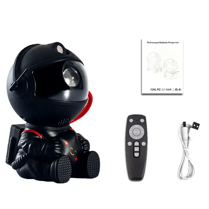 Astronaut galaxy projector LED night light with remote control and USB cable for enchanting star and nebula projections.