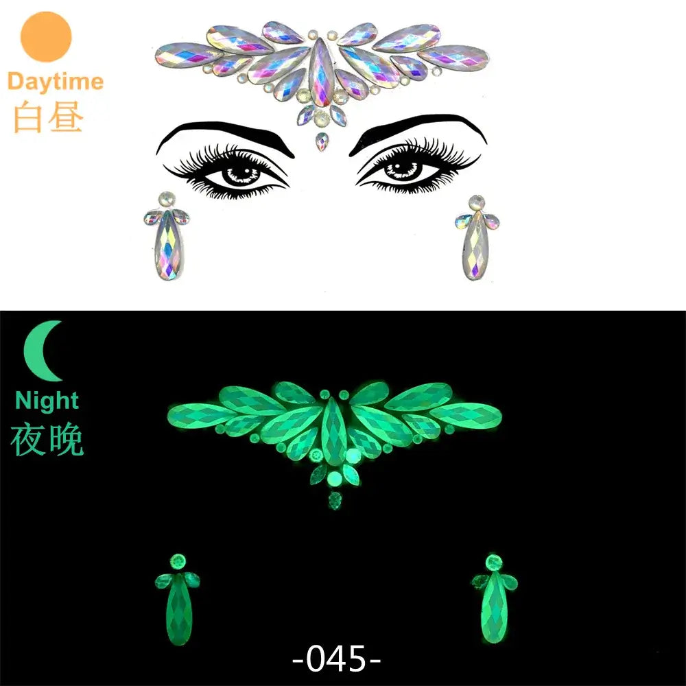 3D glowing rhinestone face stickers showing daytime and UV light luminous effect for festival makeup.