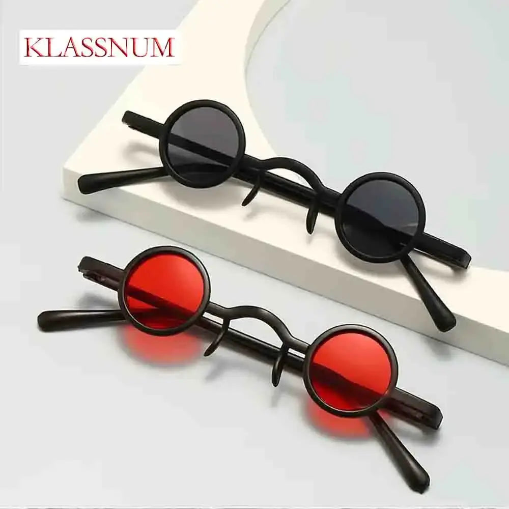 Classic vintage rock punk round sunglasses with durable metal frame in black and red lenses, unisex design for men and women.