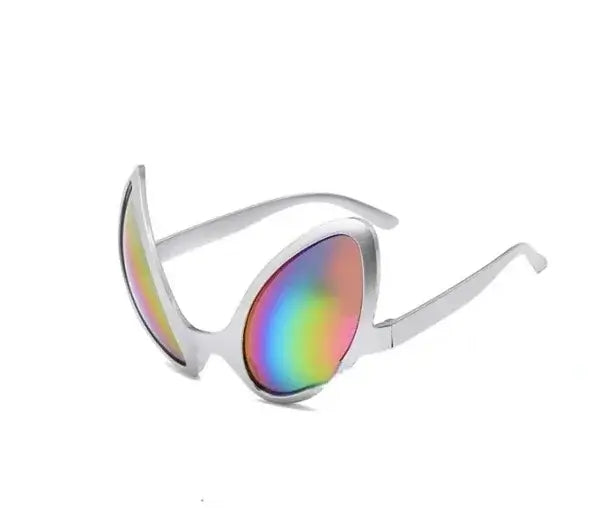 Alien party sunglasses with rainbow lenses and ergonomic design for festivals and events.