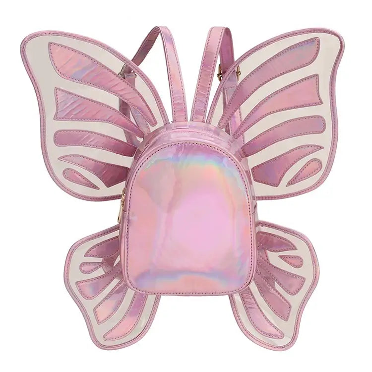 Holographic Butterfly Wings Mini Backpack with Reflective Finish, Ideal for Festivals and Parties, Fashionable and Compact Design.