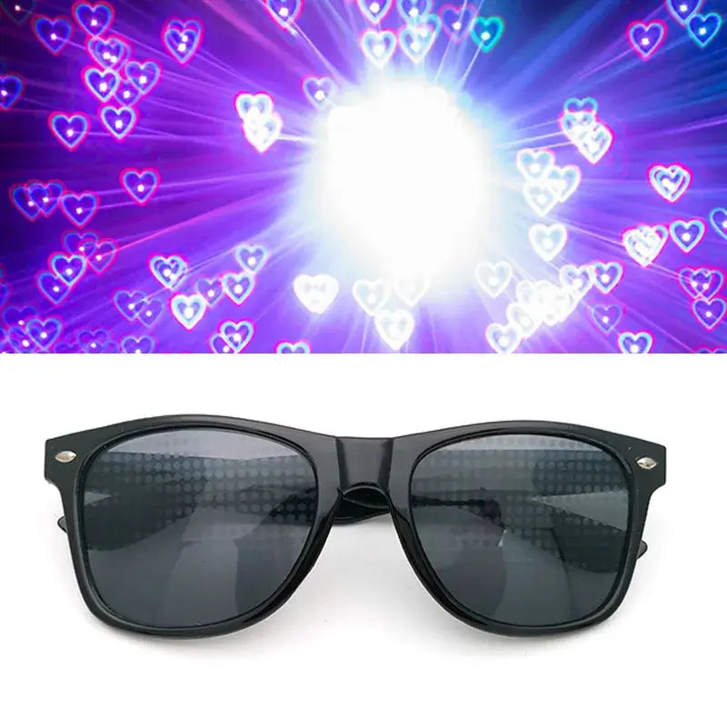 Diffraction sunglasses with heart effects, perfect for raves and light shows, featuring UV400 protection and lightweight frame.