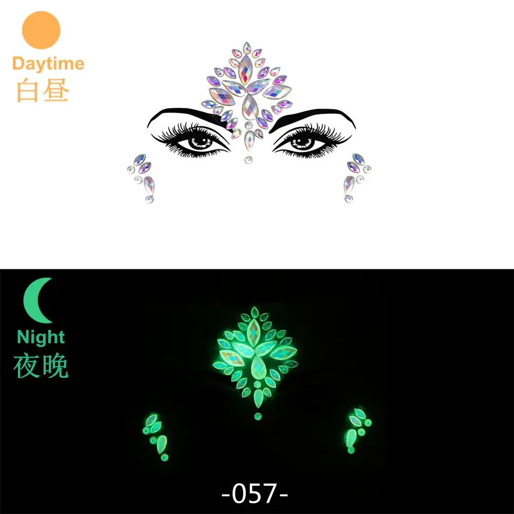 "3D Glowing Rhinestone Face Stickers for Festival Makeup, Day and Night View, Luminous UV Face Gems, Reusable Skin-Friendly Design"