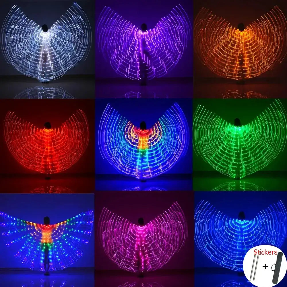 LED butterfly wings in multiple colors including white, orange, red, blue, green, and multicolor for festival dance performances.