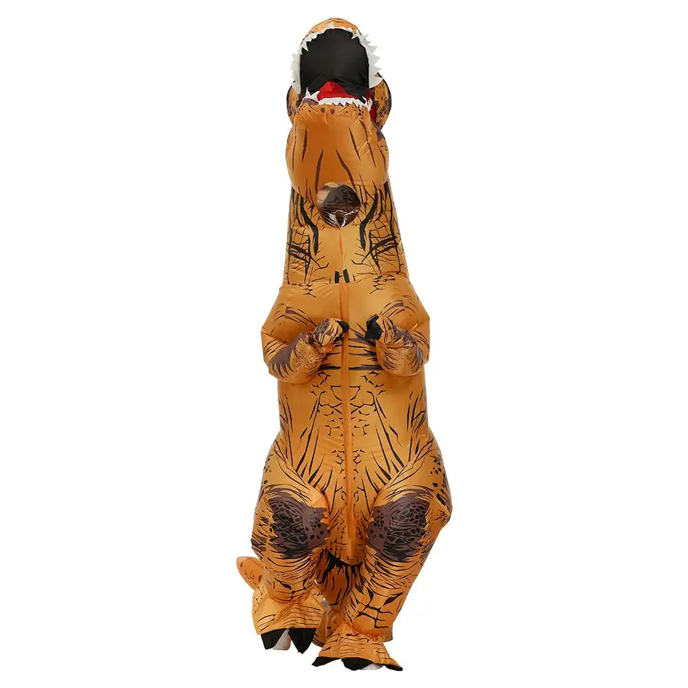 Inflatable T-Rex dinosaur costume for adults and kids, perfect for parties and cosplay events. Durable polyester with built-in fan.