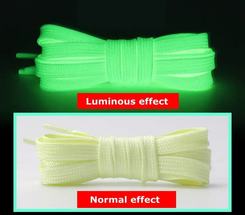 Luminous green shoelaces glowing in the dark compared to non-glowing under light, showcasing fluorescent effect for parties and night runs.