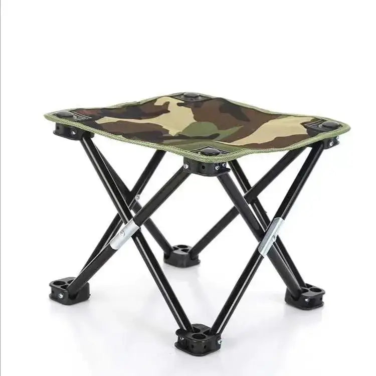 Compact camouflage folding stool for camping, fishing, and beach trips; lightweight and portable outdoor seating solution.