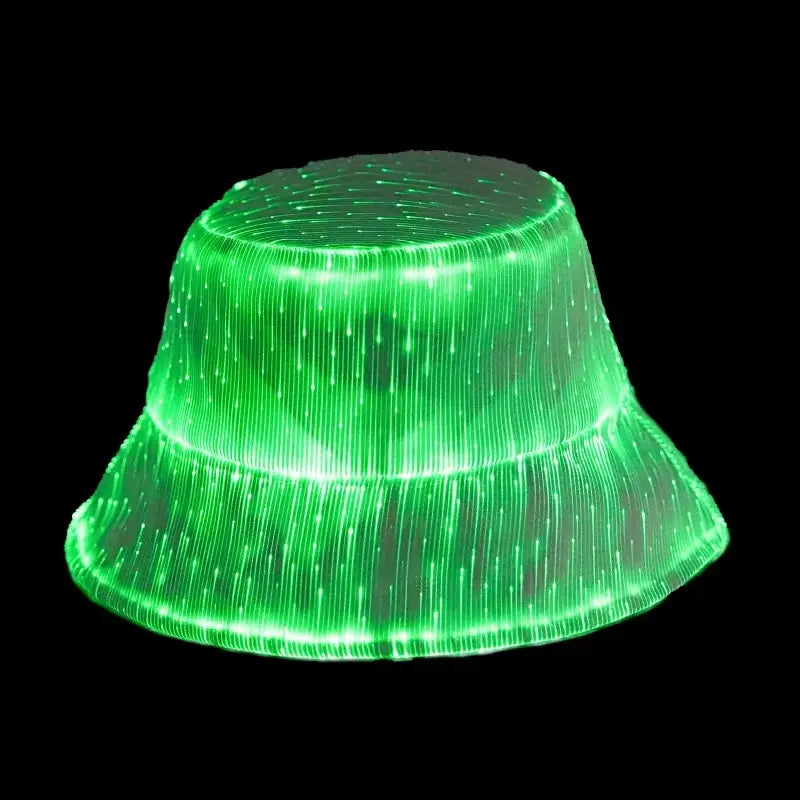 LED light-up fiber optic bucket hat glowing green, perfect for raves and festivals, combines Y2K style and high street fashion.