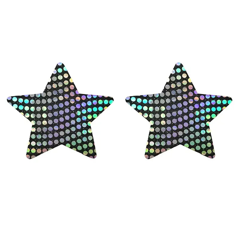 Star-shaped laser sequin nipple covers with adhesive backing, perfect for parties and festivals.