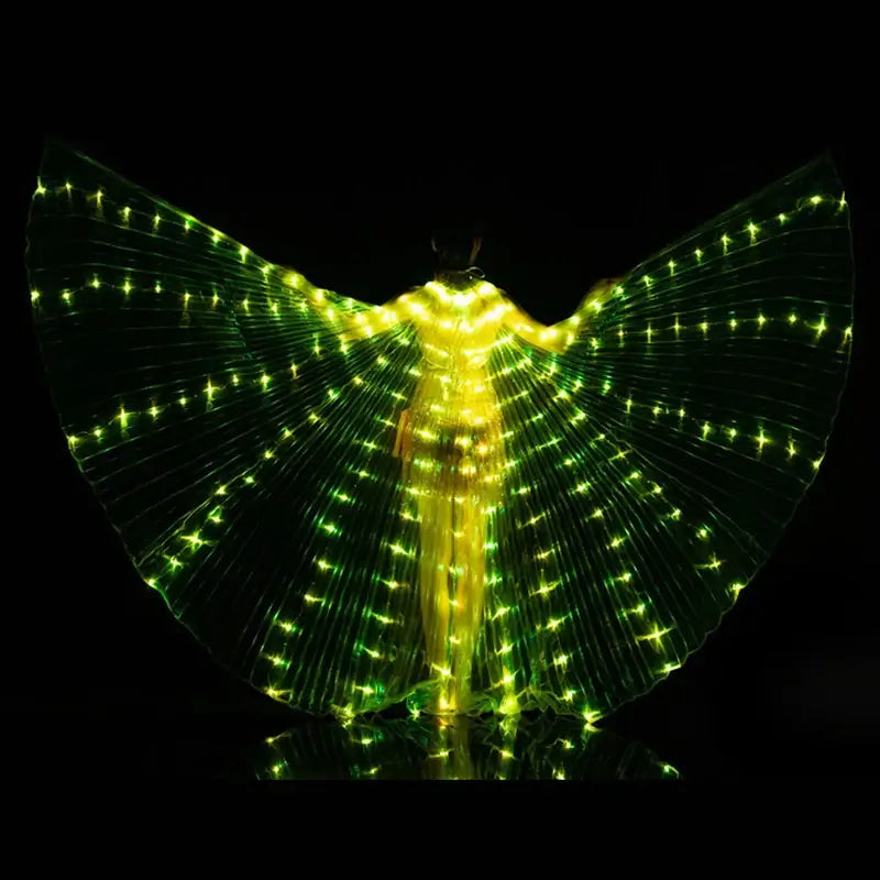 LED butterfly wings light-up dance costume with green glowing lights for festivals, featuring durable polyester wings.