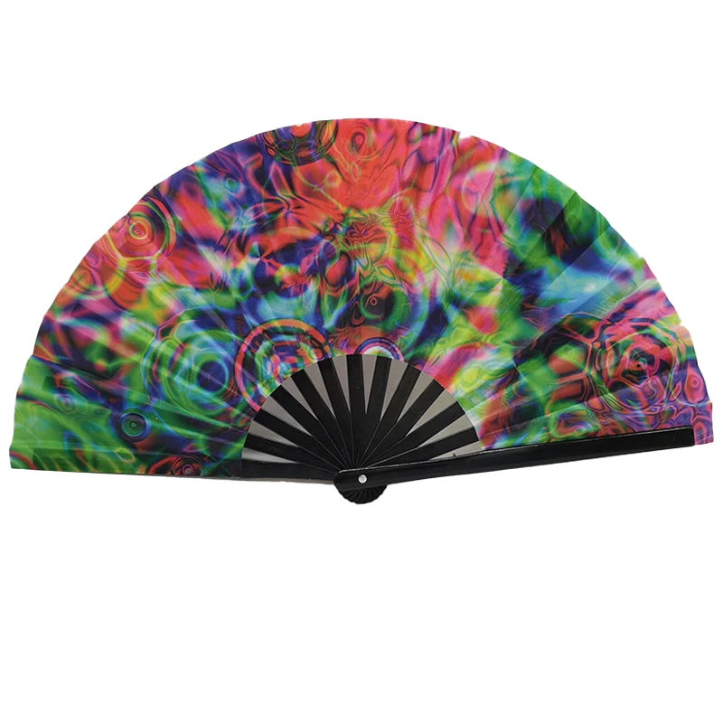 Colorful gradient reflective handheld fan for festivals and dance performances, foldable and portable design.