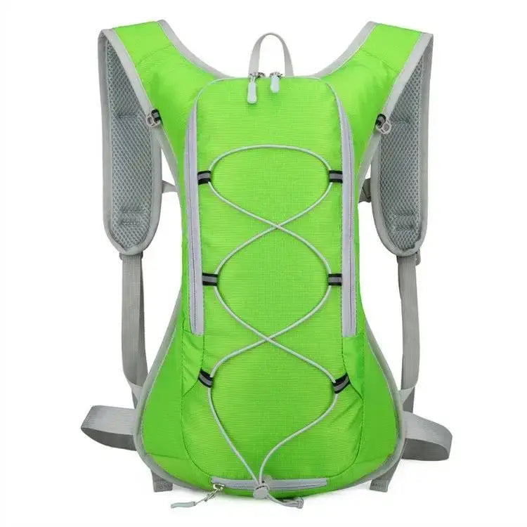 Bright green 2L hydration backpack perfect for raves and festivals, featuring breathable mesh back and durable waterproof nylon fabric.