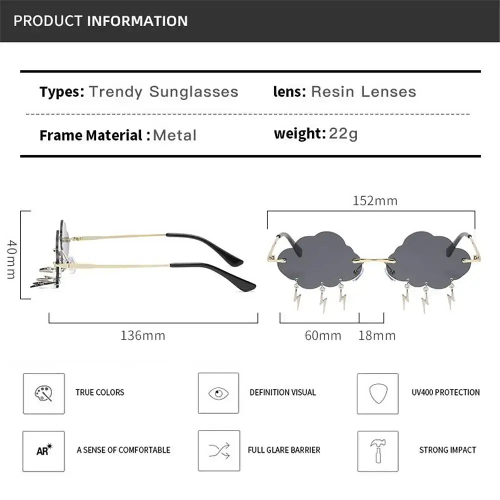 Retro cloud lightning sunglasses with resin lenses, metal frame, UV400 protection, and playful lightning design, 22g weight.