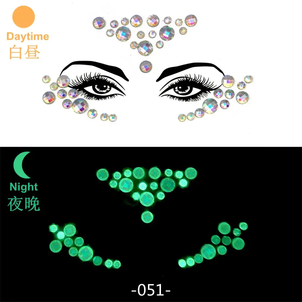 3D Glowing Rhinestone Face Stickers for Day and Night Festival Makeup, Luminous Face Gems Under UV Light