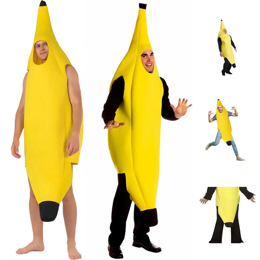 Adults wearing funny banana costumes for festivals and parties, perfect for Halloween, Christmas, and cosplay events.