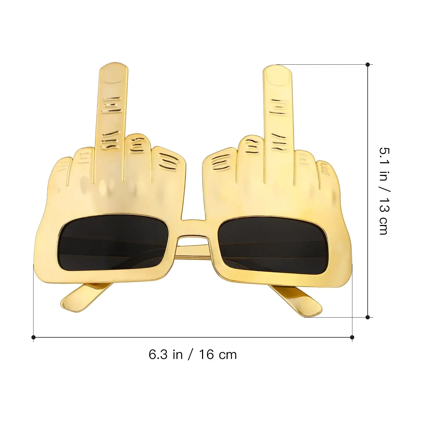 Gold middle finger sunglasses, perfect for rave, festival, and party vibes, with dimensions 6.3x5.1 inches.