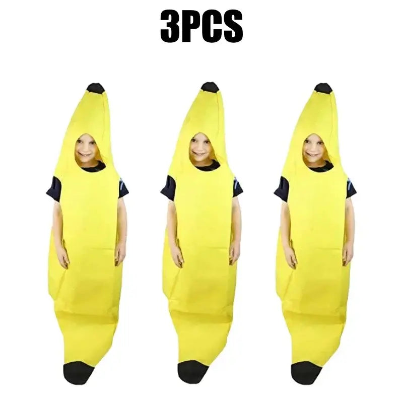 Three children wearing funny banana costumes for parties and festivals.