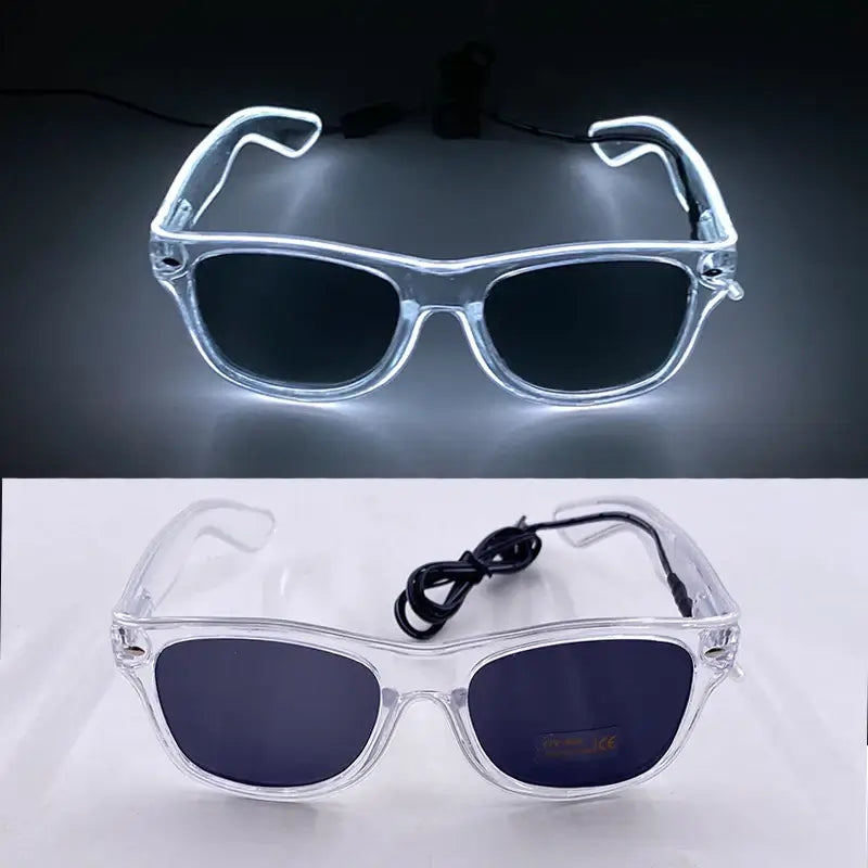 LED glowing rave glasses with neon light design, perfect for parties and celebrations, powered by AA batteries.