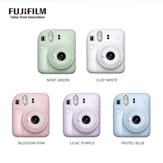 Fujifilm Instax Mini 12 Instant Camera in mint green, clay white, blossom pink, lilac purple, and pastel blue colors.