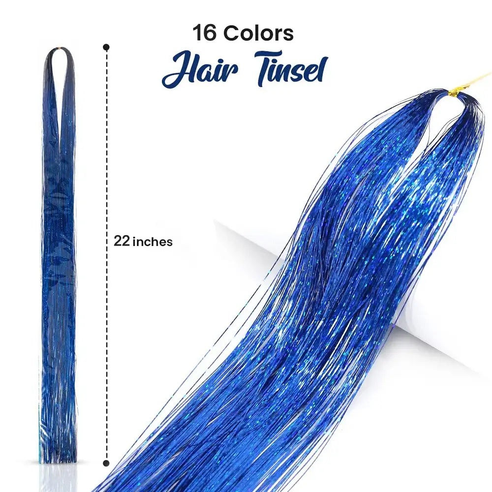 Rainbow Glitter Hair Tinsel Kit featuring 22-inch blue tinsel strands, perfect for vibrant party hairstyles and festival looks.