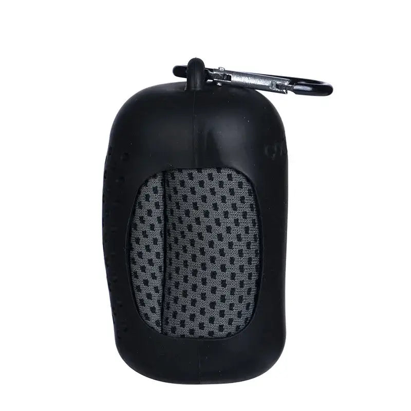 Black compact case with carabiner for microfiber quick-dry cooling sports towel, ideal for travel.