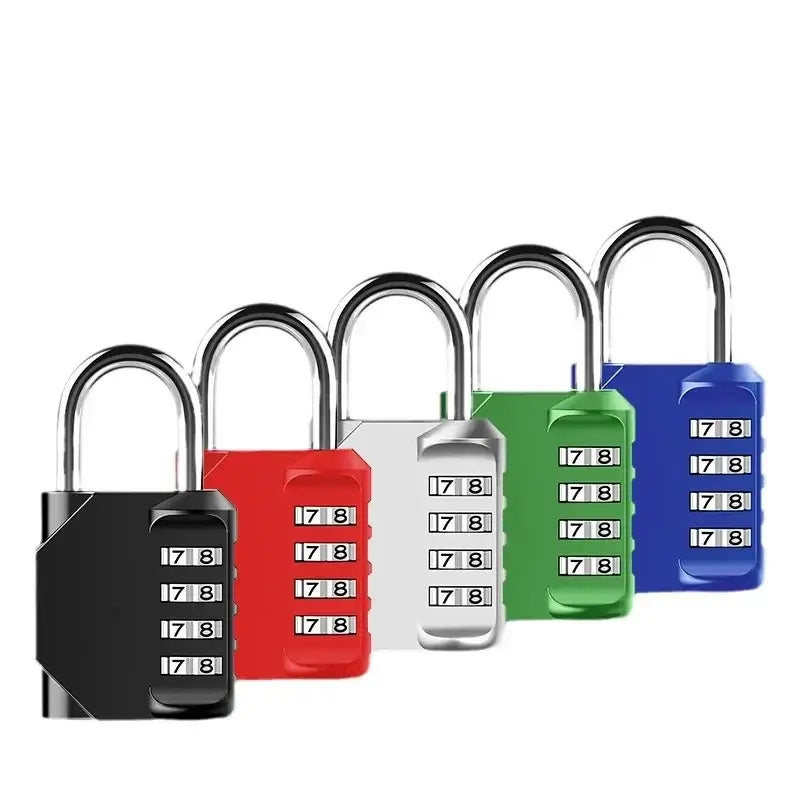 Colorful set of heavy-duty 4-digit resettable combination padlocks for outdoor security and travel use.