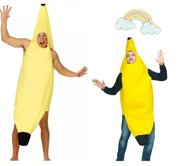 Two people wearing funny banana costumes, ideal for parties and festivals, standing with arms raised, colorful rainbow in the background.