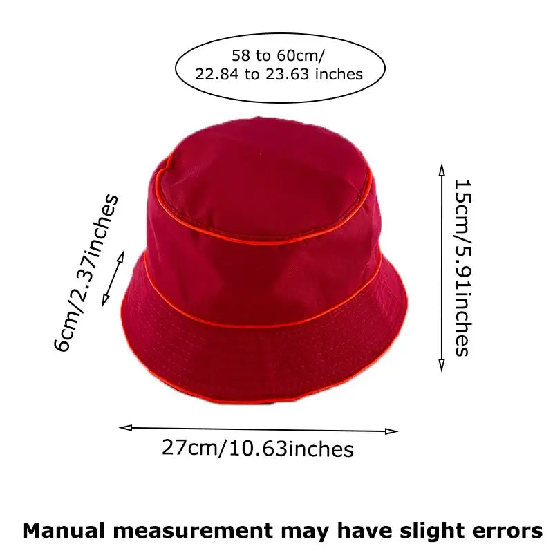 Red bucket hat with measurement details, features LED glow effect, fits head sizes 58-60cm, lightweight for beach and party events.