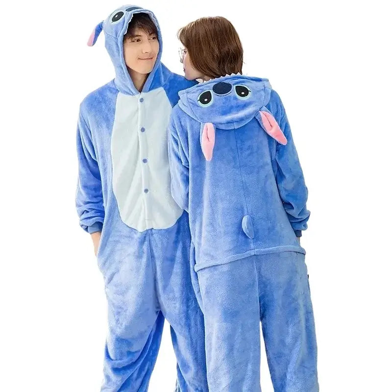 Adults wearing blue Stitch cartoon onesie costume with hood, featuring cozy and soft flannel fabric for warmth and comfort.