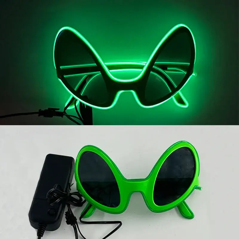 Neon green LED rave glasses with glowing EL wire design, shown in lit and unlit modes, perfect for festive parties and celebrations.