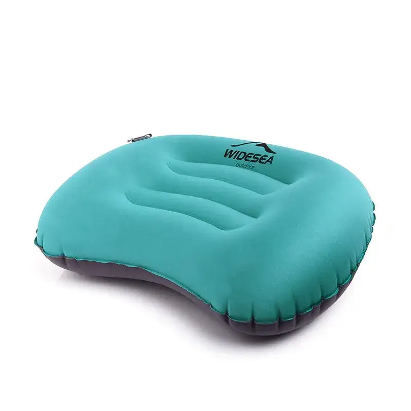 Widesea Portable Inflatable Camping Pillow in turquoise, highlighting its compact and lightweight design for outdoor comfort.