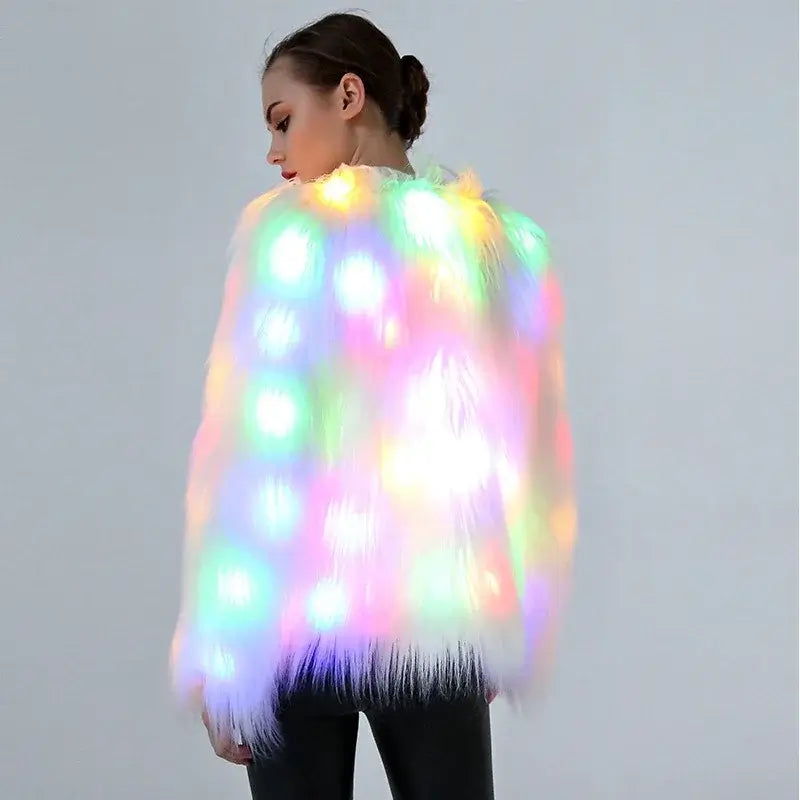 Woman wearing LED multi-color faux fur coat glowing at rave or festival event.