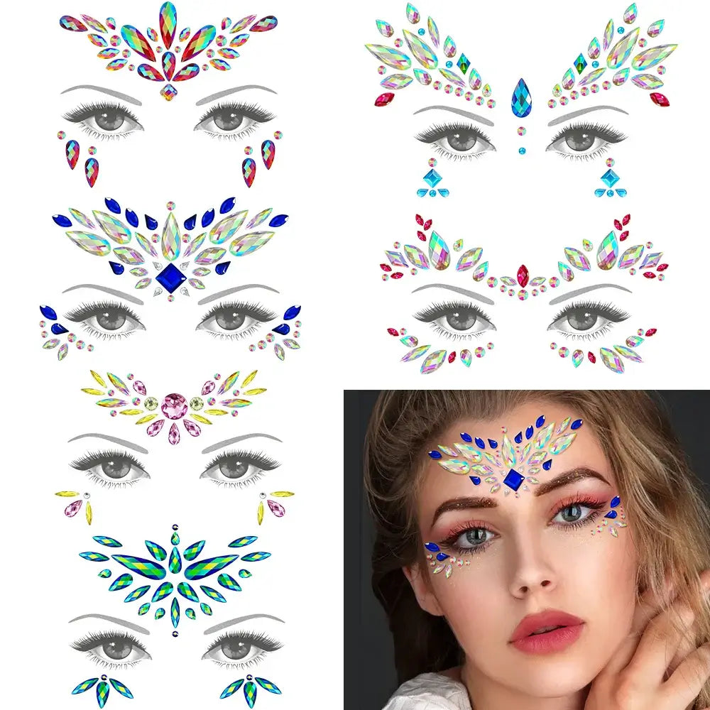 Mermaid face jewels for festival makeup, colorful crystal stickers displayed and worn, perfect for parties and cosplay events.