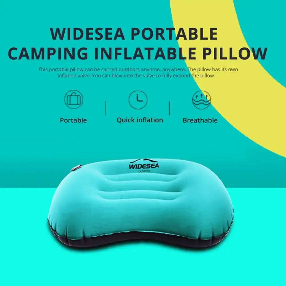 Widesea portable inflatable camping pillow with features like quick inflation, breathable material, and lightweight design.