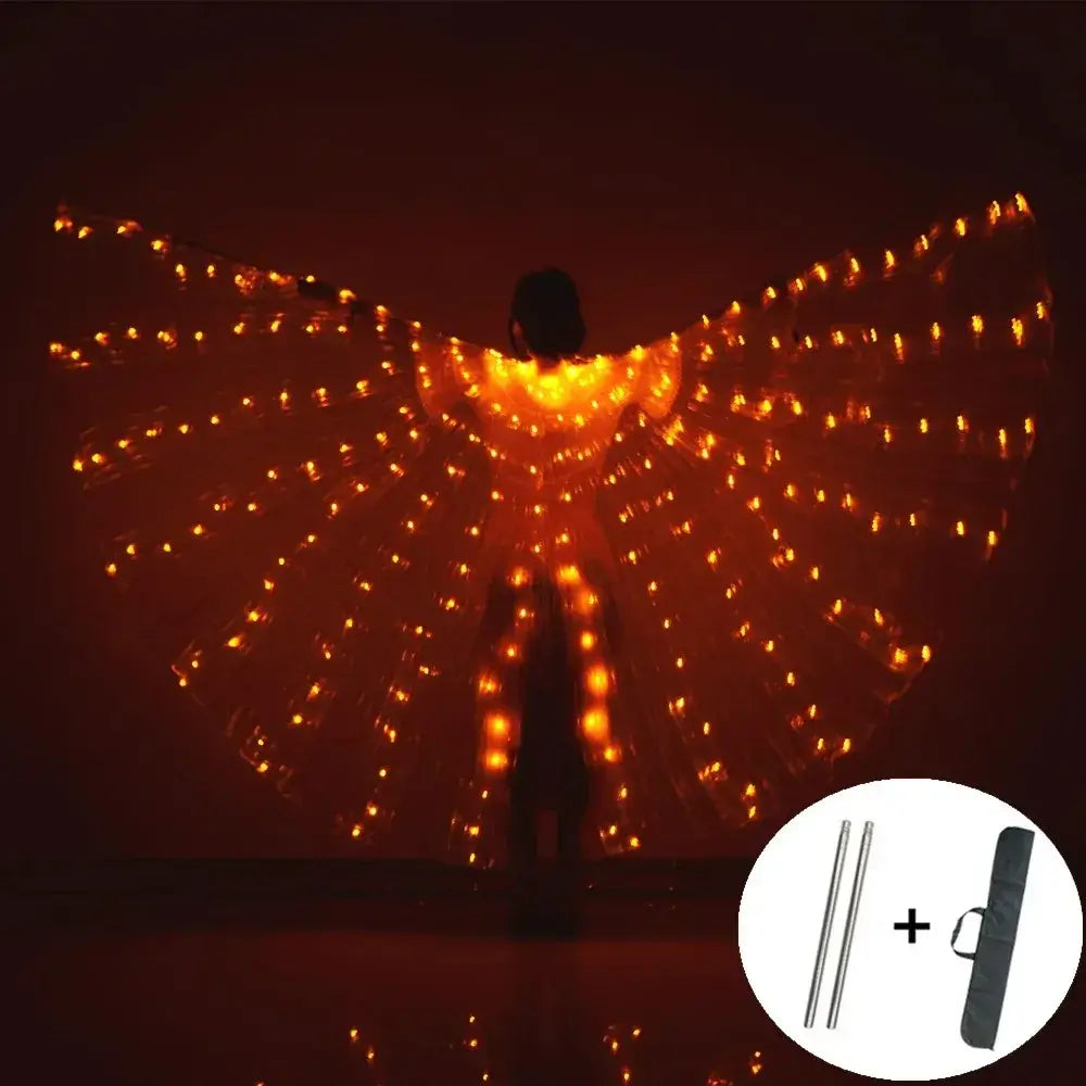 LED Butterfly Wings Light-Up Dance Costume with orange lights, control sticks, and carrying bag for festivals and performances.