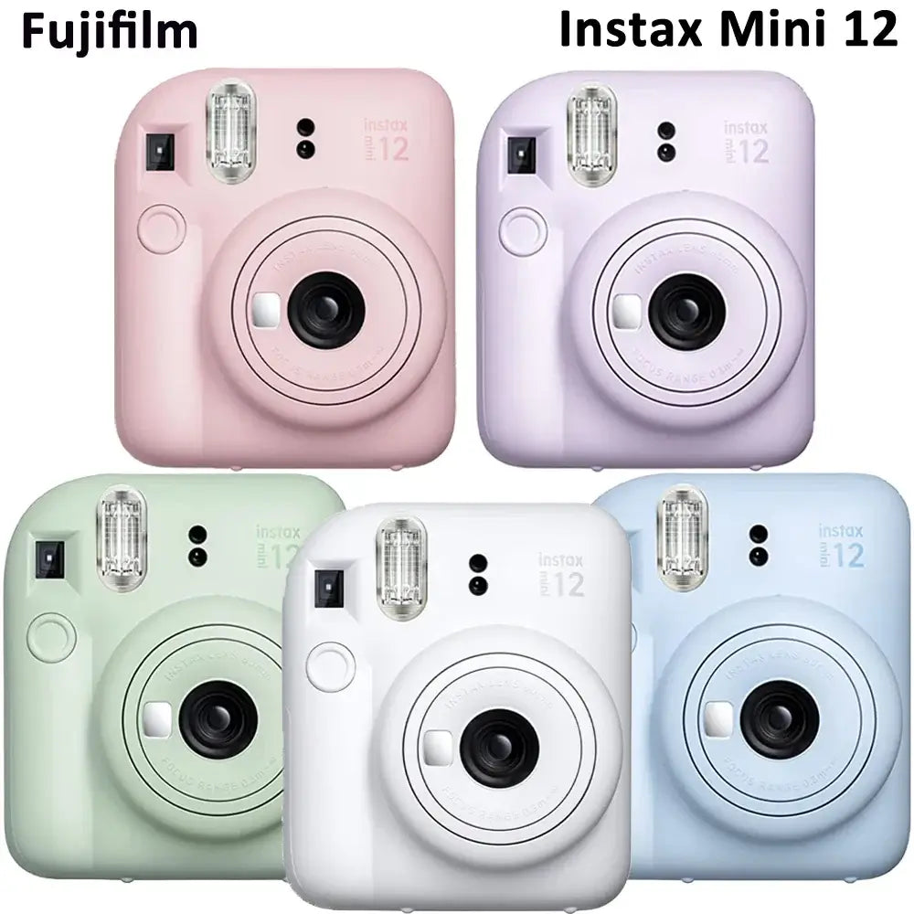 Fujifilm Instax Mini 12 Instant Cameras in Blossom Pink, Pastel Blue, Mint Green, Clay White, and Lilac Purple for instant photography.