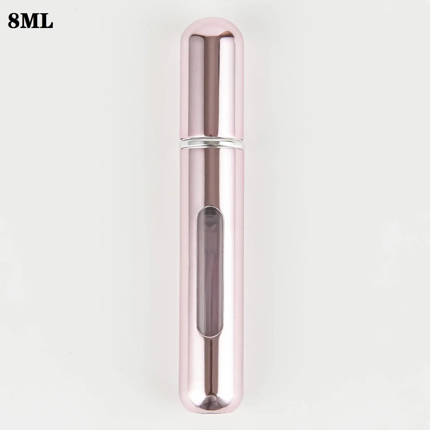 Rose gold 8ml refillable perfume atomizer bottle, compact and portable for travel.