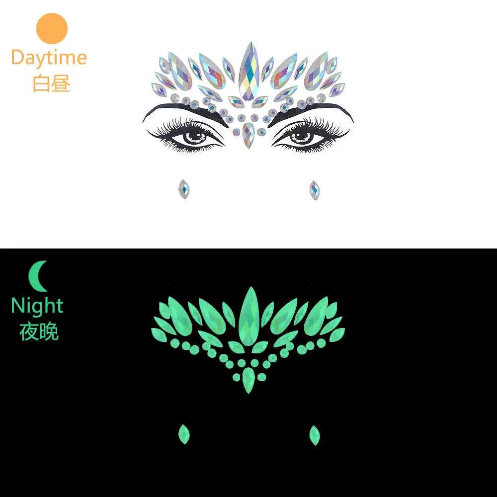 Rhinestone face stickers showing glowing effect in day and night for festival makeup.