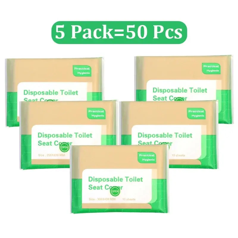 Five packs of eco-friendly disposable toilet seat covers in compact green packaging, antibacterial and biodegradable.