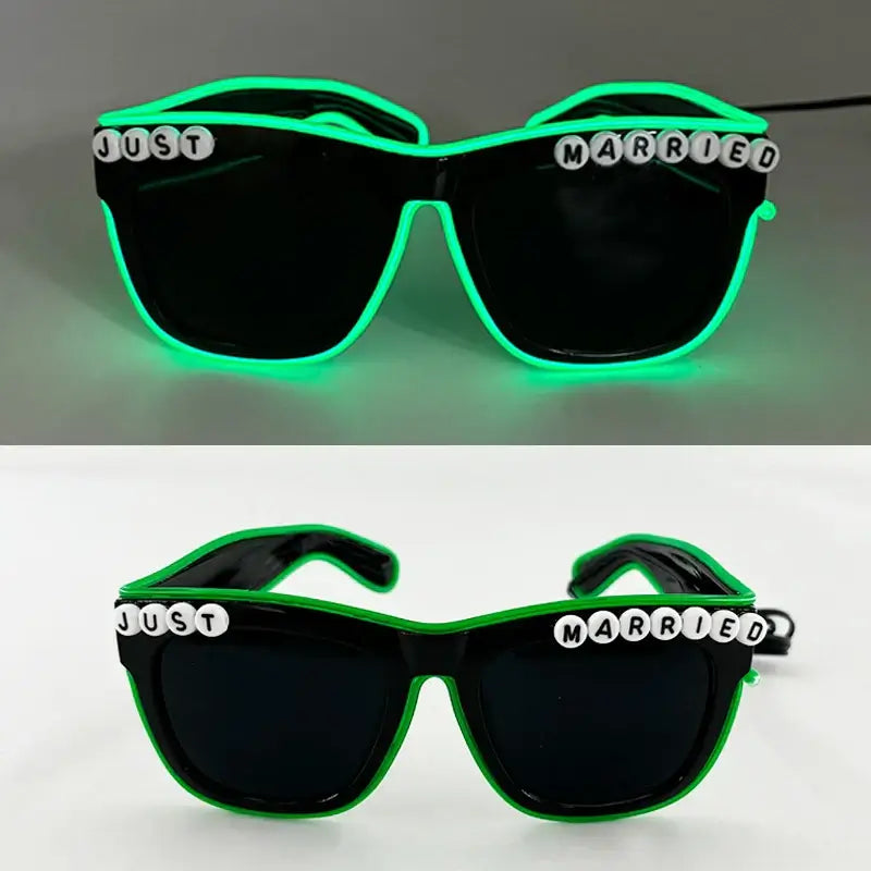 Neon glow "Just Married" LED glasses with green EL wire, perfect for weddings and celebrations, fitted with comfortable frames.