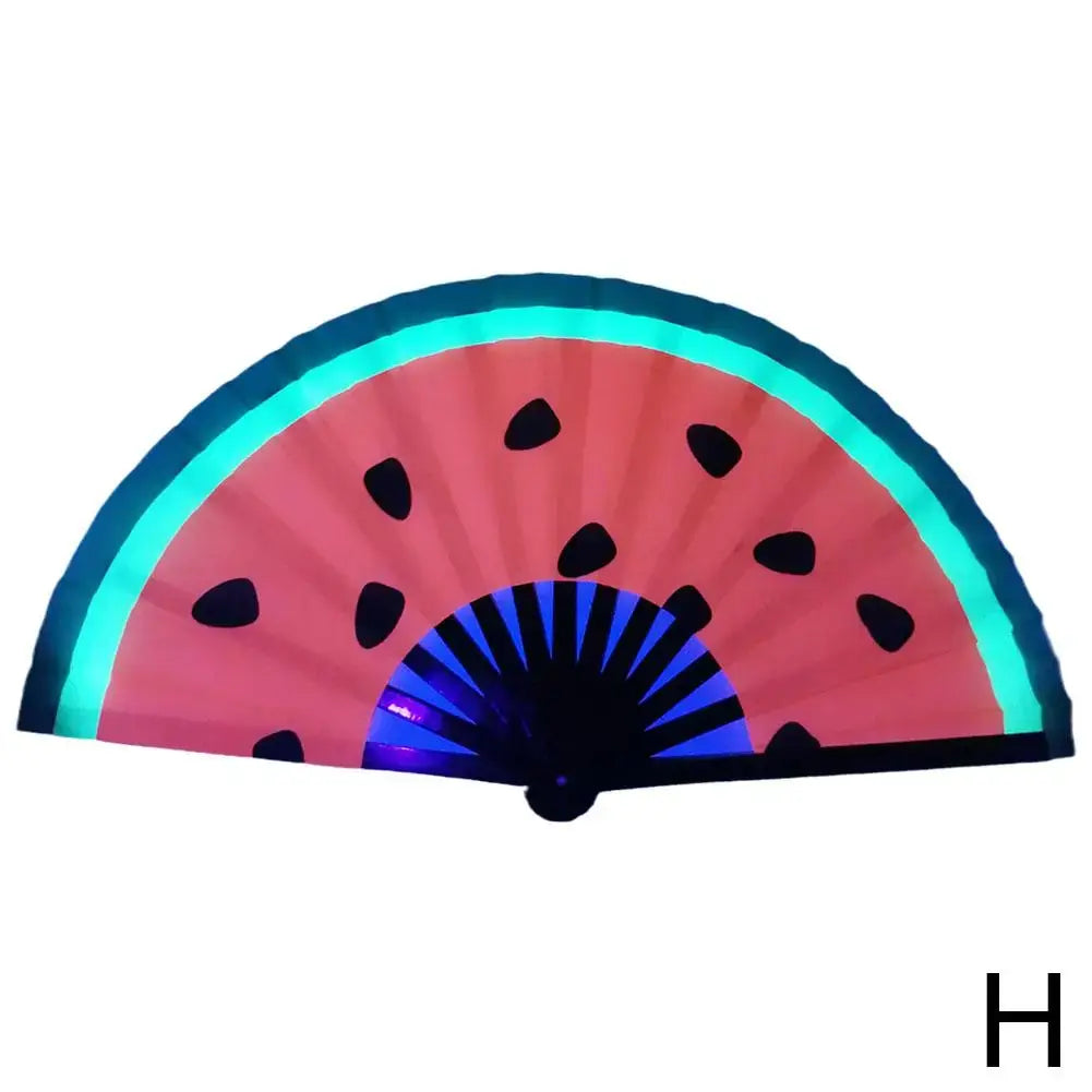 Gradient colorful reflective foldable rave fan with watermelon design, perfect for festivals and dance parties, vibrant under UV light.